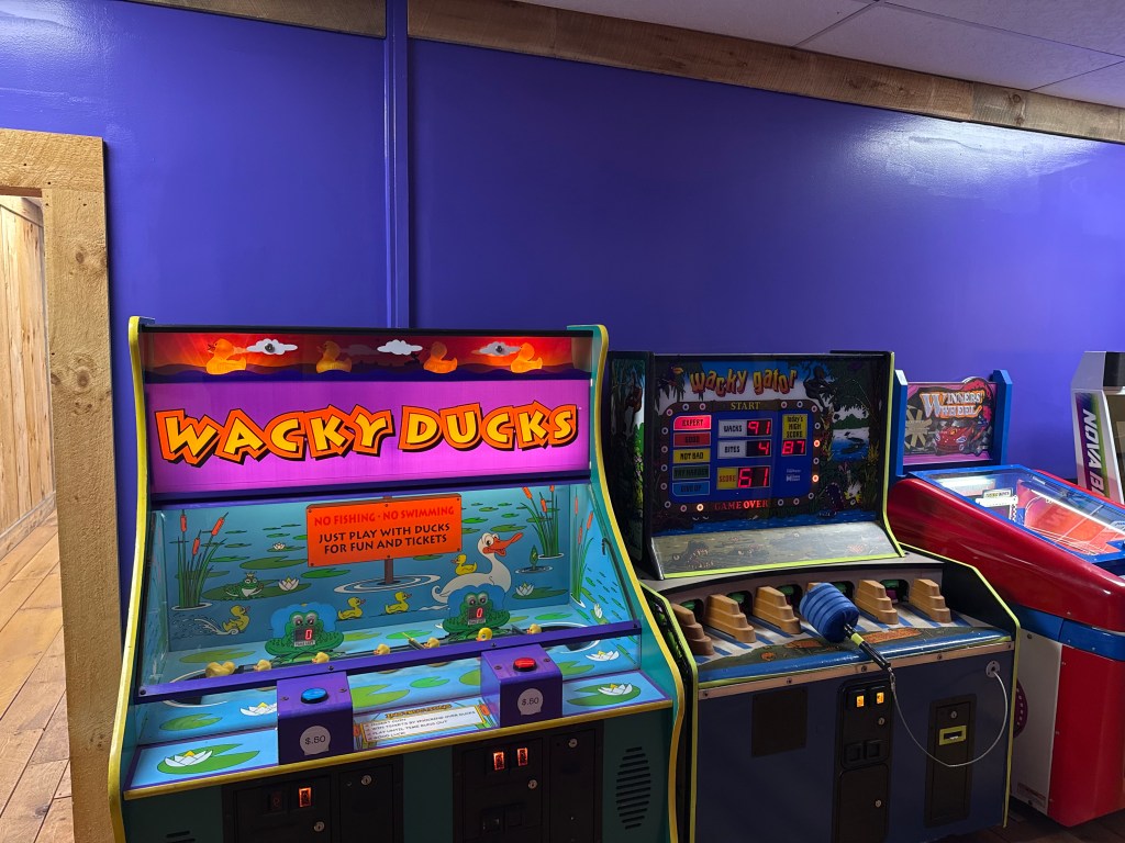 A brightly colored arcade game machine titled 'Wacky Ducks' with a playful design featuring ducks on a pond, next to another game called 'Wacky Gator' in a gaming area with a purple wall.