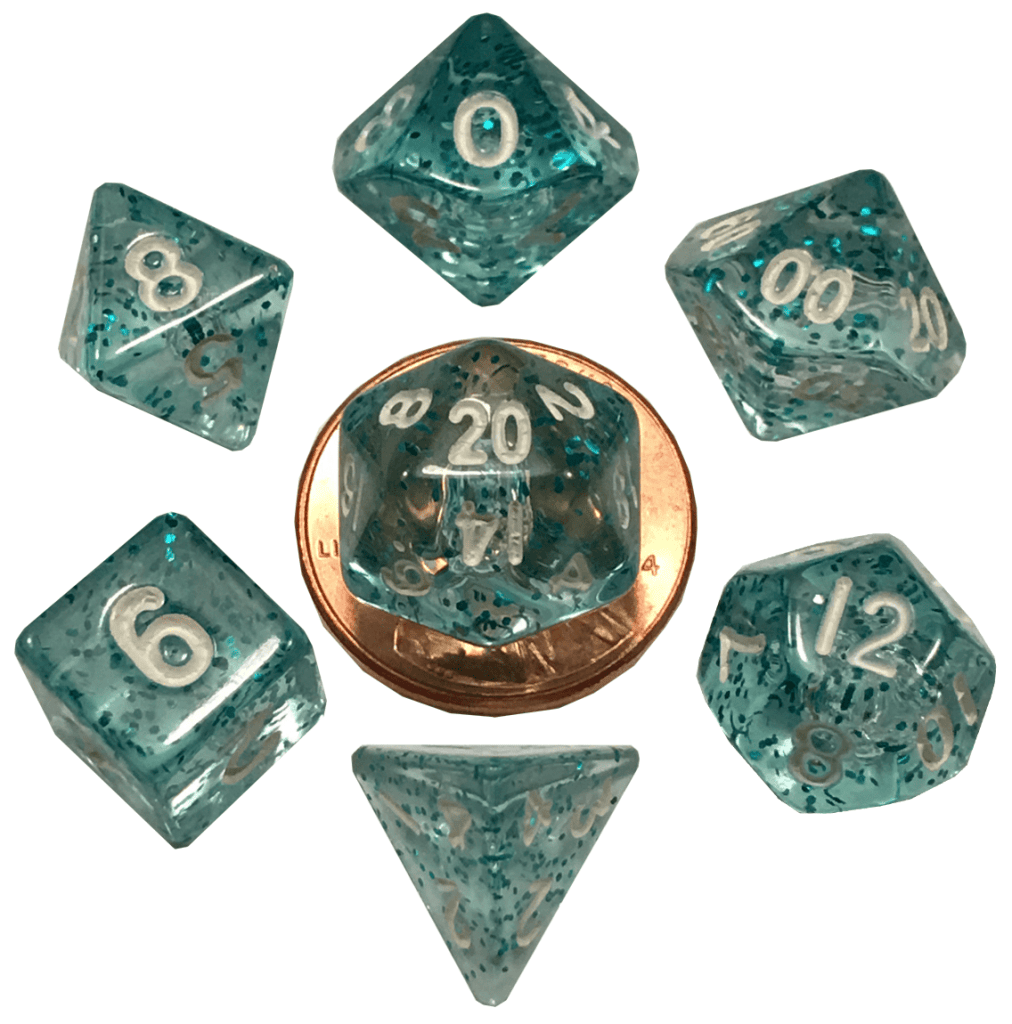 10mm Mini Dice Acrylic Polyhedral Set (24 Options): Ethereal Light Blue with White Numbers